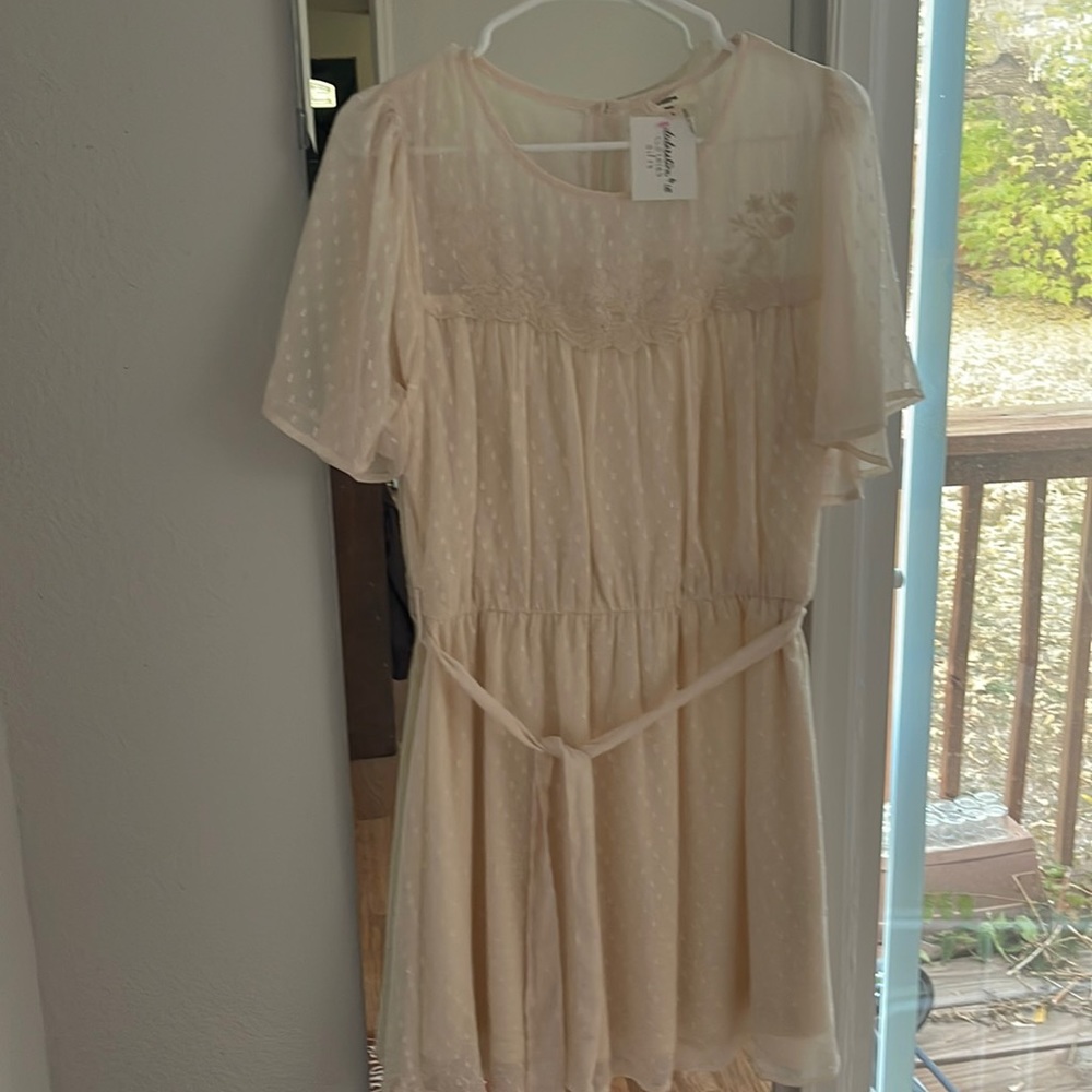 NWT Cream Embroidered Swiss Dot Cinched Waist Dress